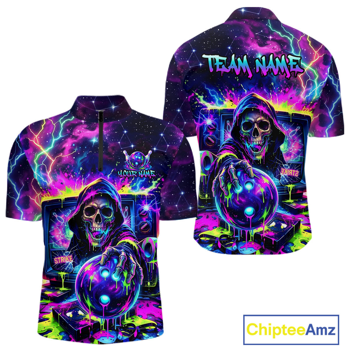 Thunder Skull men's bowling quarter zip shirt, custom skull bowling uniform, league bowling jersey
