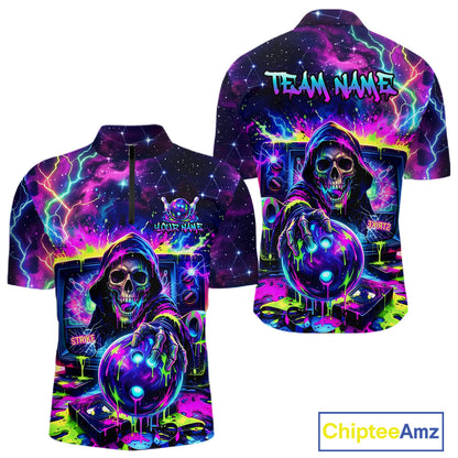Thunder Skull men's bowling quarter zip shirt, custom skull bowling uniform, league bowling jersey