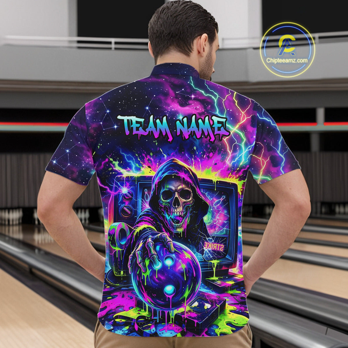 Male bowler wearing Thunder Skull bowling jersey, custom men's bowling shirt