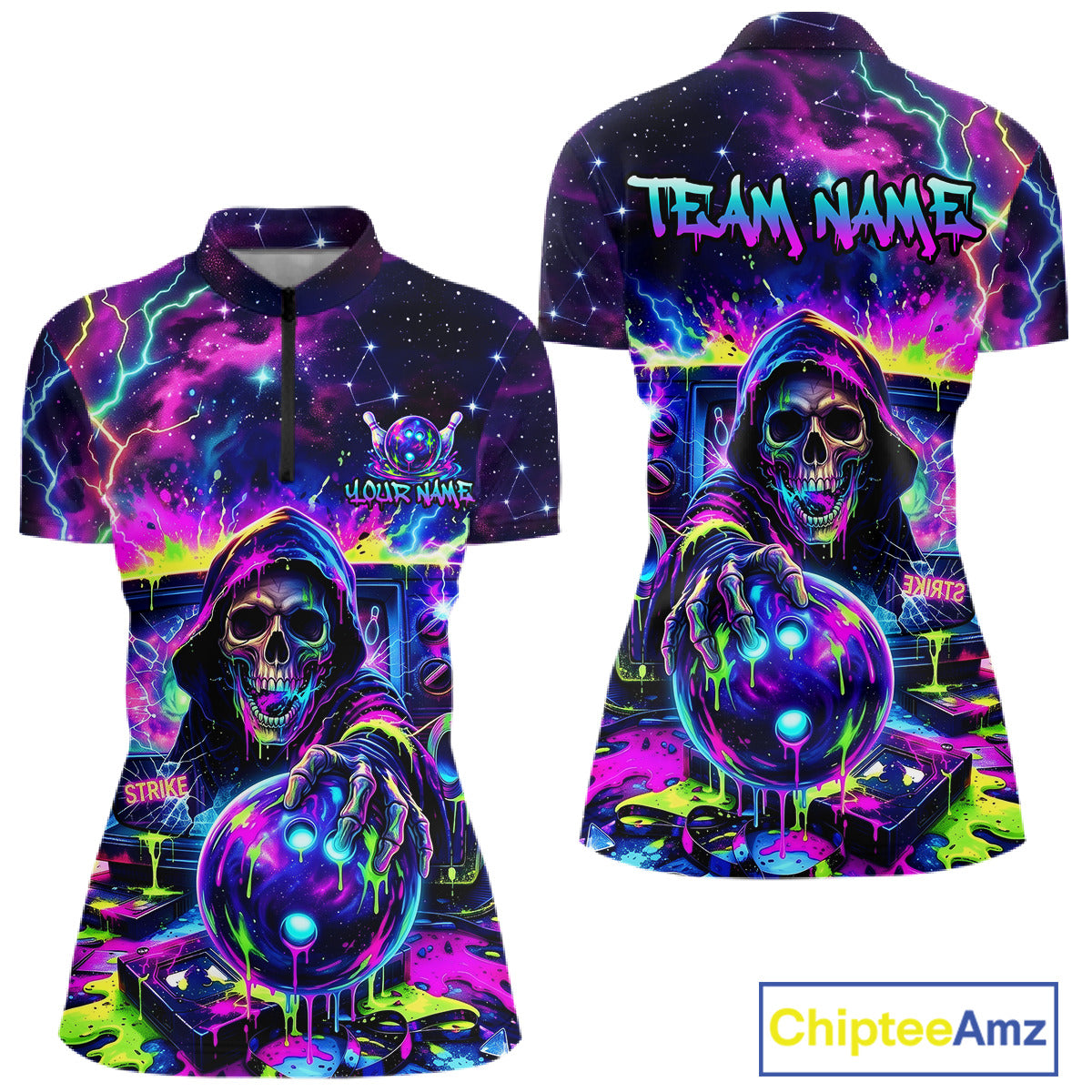 Thunder Skull women's bowling quarter zip shirt, custom skull bowling uniform, league bowling jersey