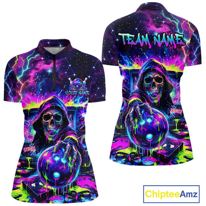 Thunder Skull women's bowling quarter zip shirt, custom skull bowling uniform, league bowling jersey
