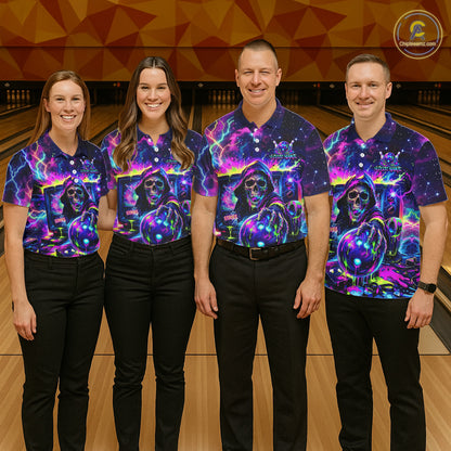 Men women bowling team wearing Thunder Skull custom bowling uniforms, tournament bowling apparel