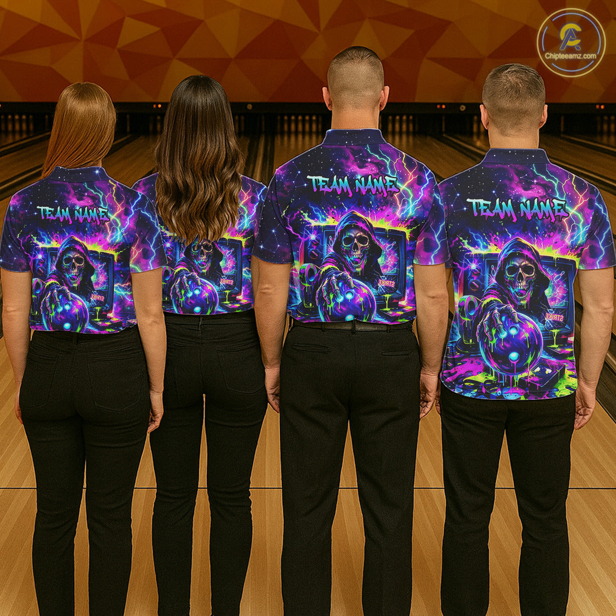 Men women bowling team wearing Thunder Skull custom bowling uniforms, tournament bowling apparel
