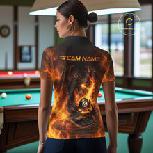 Load image into Gallery viewer, Female billiard player wearing Fire Flame Dragon billiard jersey, custom pool team shirt