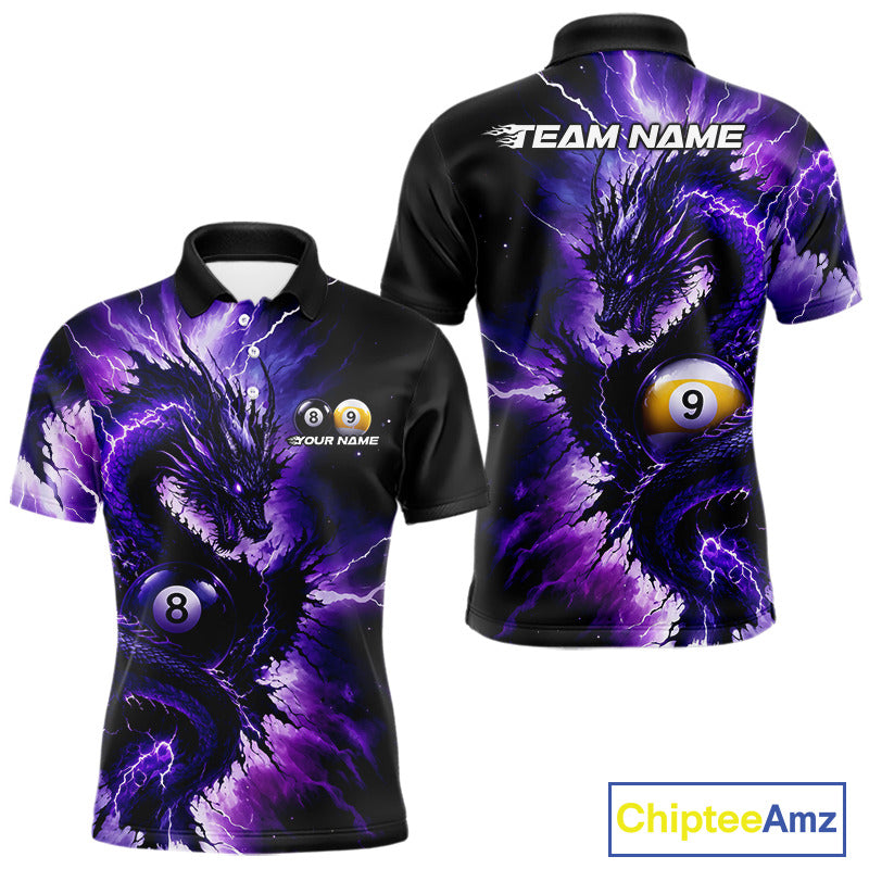 Thunder Lightning Dragon men's billiard polo shirt, purple pool team jersey, custom 8 ball 9 ball billiard apparel