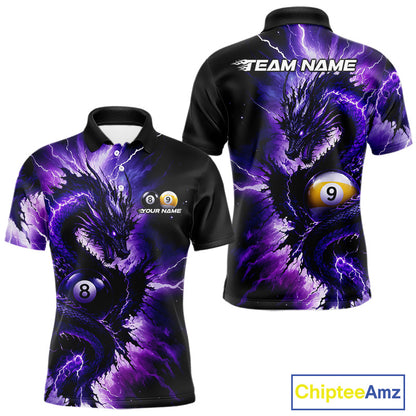 Thunder Lightning Dragon men's billiard polo shirt, purple pool team jersey, custom 8 ball 9 ball billiard apparel