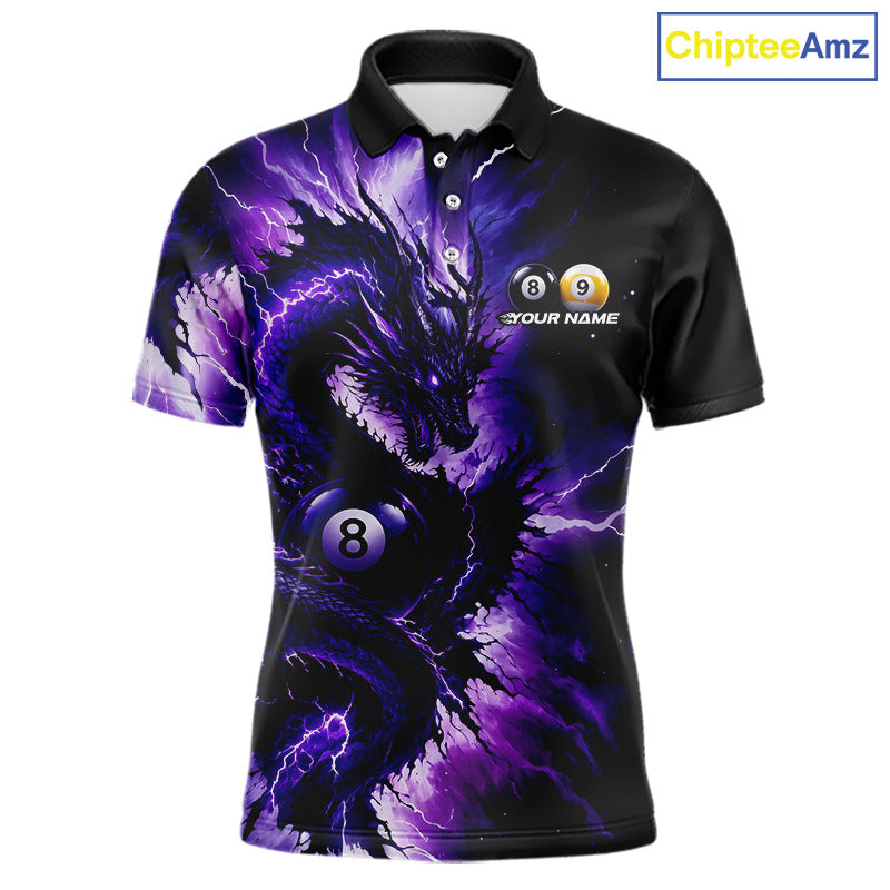 Thunder Lightning Dragon men's billiard polo shirt, purple pool team jersey, custom 8 ball 9 ball billiard apparel
