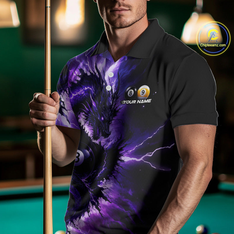 Male billiard player wearing Thunder Lightning Dragon billiard jersey, custom 8 ball 9 ball pool shirt