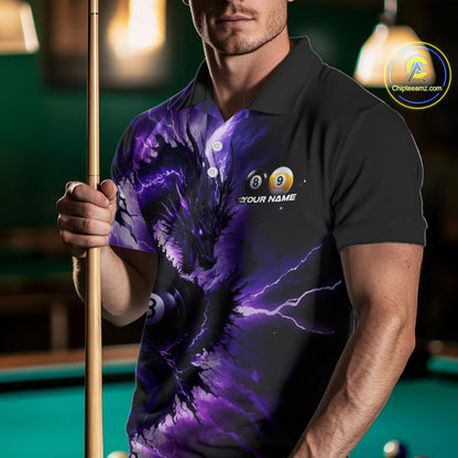 Male billiard player wearing Thunder Lightning Dragon billiard jersey, custom 8 ball 9 ball pool shirt
