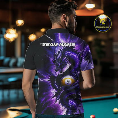 Male billiard player wearing Thunder Lightning Dragon billiard jersey, custom 8 ball 9 ball pool shirt