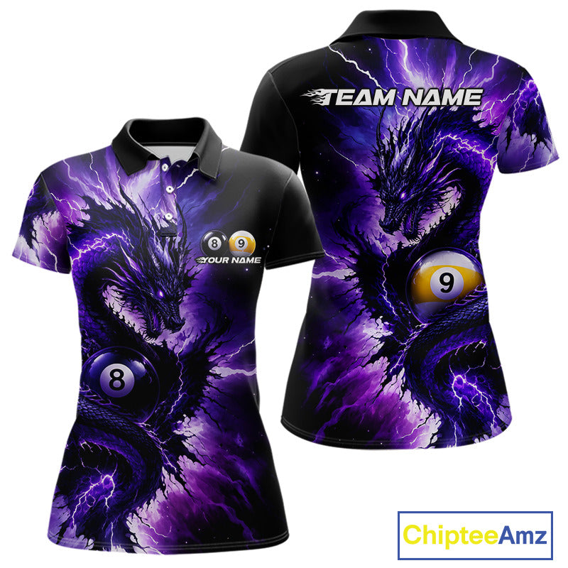 Thunder Lightning Dragon women's billiard polo shirt, purple pool team jersey, custom 8 ball 9 ball billiard apparel