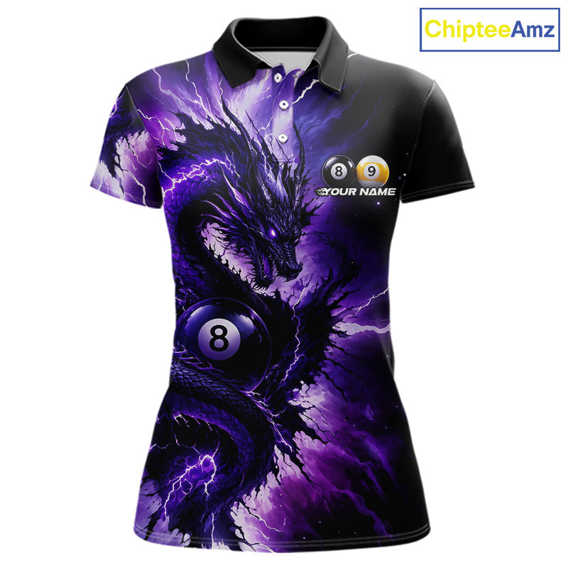 Thunder Lightning Dragon women's billiard polo shirt, purple pool team jersey, custom 8 ball 9 ball billiard apparel