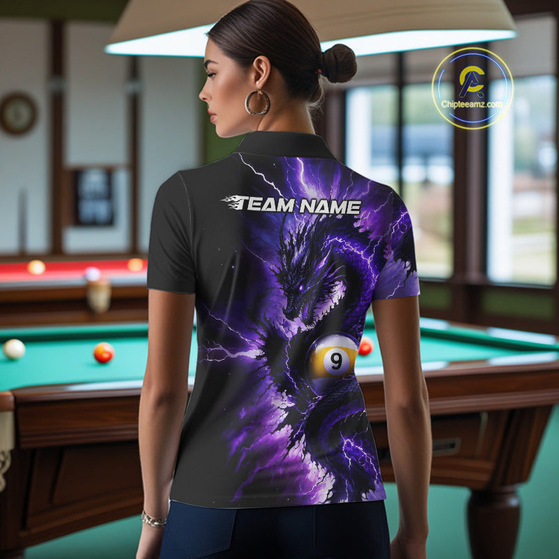 Female billiard player wearing Thunder Lightning Dragon billiard jersey, custom pool team shirt