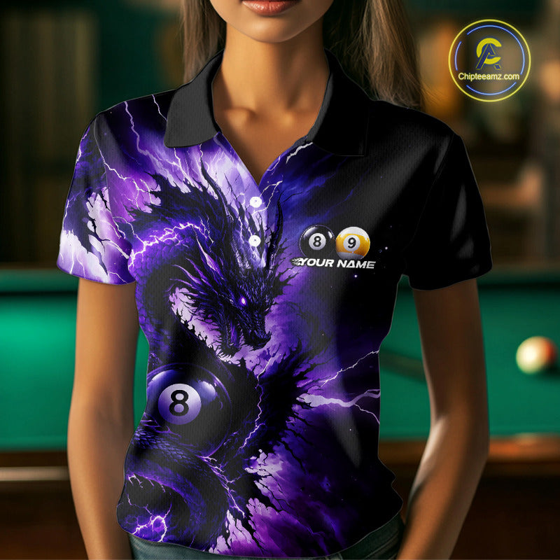 Female billiard player wearing Thunder Lightning Dragon billiard jersey, custom pool team shirt