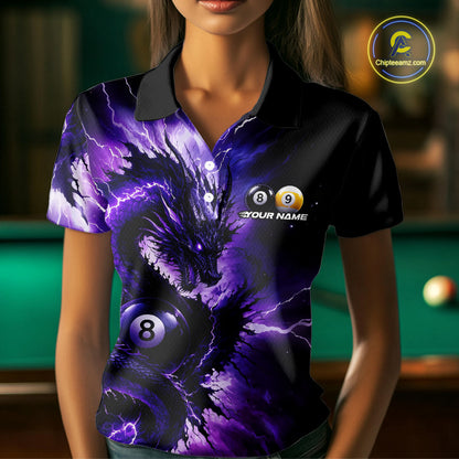 Female billiard player wearing Thunder Lightning Dragon billiard jersey, custom pool team shirt