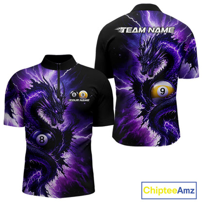 Thunder Lightning Dragon men's billiard quarter zip shirt, purple billiard team uniform, custom pool jersey