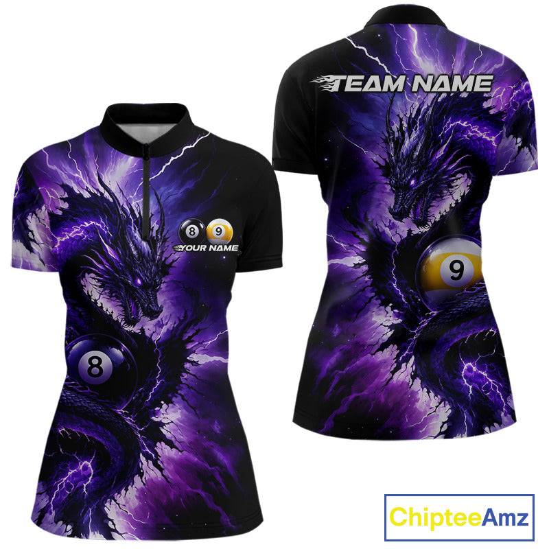 Thunder Lightning Dragon women's billiard quarter zip shirt, purple billiard team uniform, custom pool jersey