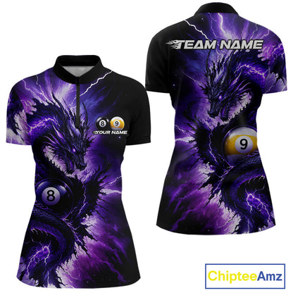 Thunder Lightning Dragon women's billiard quarter zip shirt, purple billiard team uniform, custom pool jersey