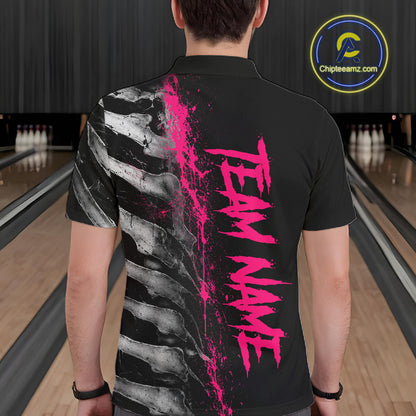 Male model wearing Pink Splatter Grey Bone custom bowling polo shirt, skeleton team jersey, bowling tournament apparel, sports club performance uniform
