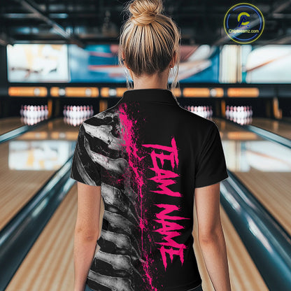 Female model wearing Pink Splatter Grey Bone bowling polo shirt during league tournament, personalized bowling apparel, skeleton graphic, athletic confidence, breast cancer awareness support