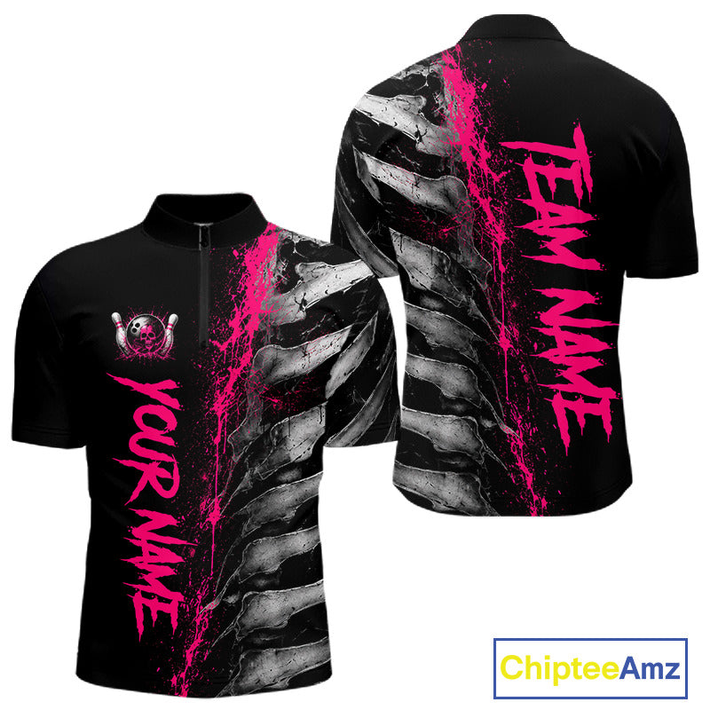 Pink Splatter Grey Bone Men's Bowling Quarter-Zip Shirt, Personalized Skeleton Team Jersey, Performance Bowling Tournament Apparel, Pink Sports Uniform