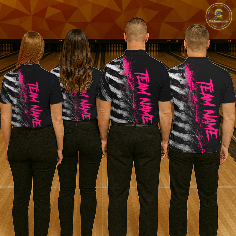 Bowling team wearing matching Pink Splatter Grey Bone polo and quarter-zip jerseys, personalized tournament uniforms, teamwork, resilience, breast cancer awareness, bowling league champions