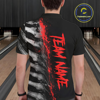 Male model wearing Red Splatter Grey Bone custom bowling polo shirt, personalized skeleton league jersey, bowling tournament apparel, power and determination