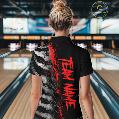 Female model wearing Red Splatter Grey Bone personalized bowling polo shirt during championship tournament, skeleton artwork, athletic confidence, competitive energy