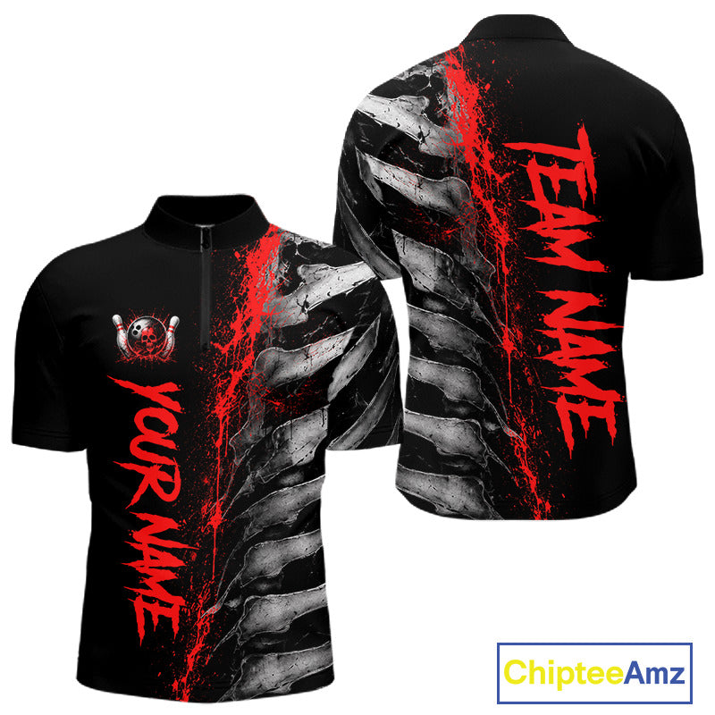 Red Splatter Grey Bone Men's Bowling Quarter-Zip Shirt, Personalized Bowling Tournament Jersey, Skeleton Performance Apparel, Team Competition Uniform