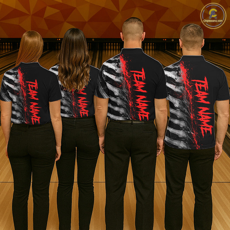 Professional bowling team wearing matching Red Splatter Grey Bone polo and quarter-zip jerseys, personalized league uniforms, teamwork, determination, championship performance