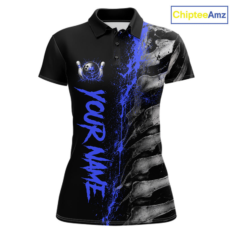 Blue Splatter Grey Bone Women's Bowling Polo Shirt, Personalized Bowling Team Jersey, Skeleton Tournament Apparel, Blue Paint Performance Uniform, Bowling League Outfit, Precision & Focus