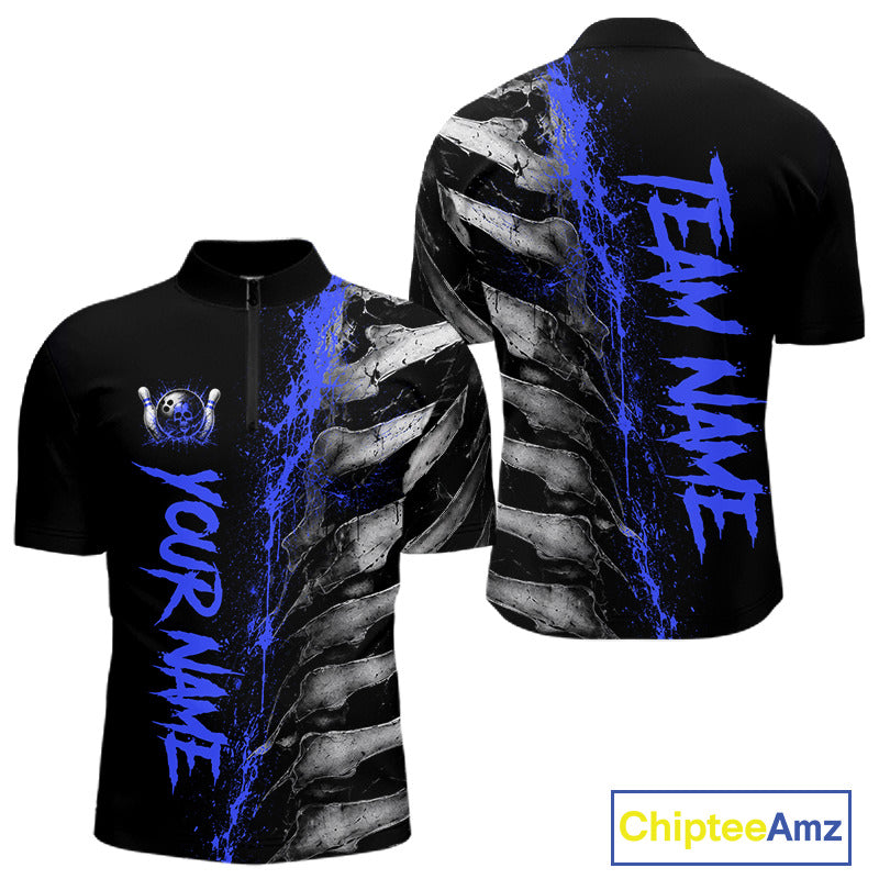 Blue Splatter Grey Bone Men's Bowling Quarter-Zip Shirt, Personalized Bowling Team Tournament Jersey, Athletic Performance Apparel