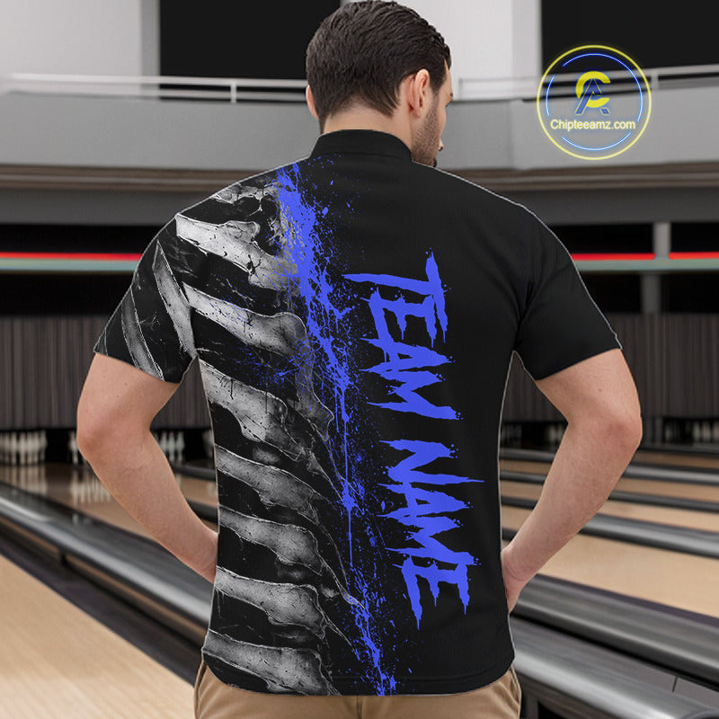 Male model wearing Blue Splatter Grey Bone personalized bowling polo shirt at bowling tournament, custom skeleton jersey, competitive performance apparel