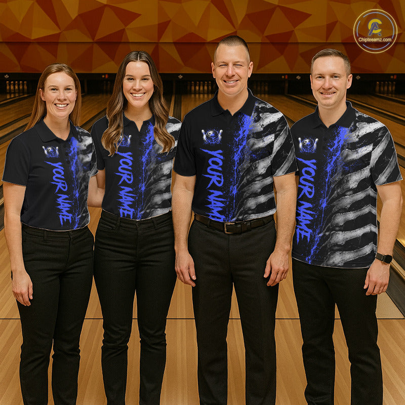 Bowling team wearing matching Blue Splatter Grey Bone polo and quarter-zip jerseys, personalized league uniforms, teamwork, precision, focus, competitive excellence
