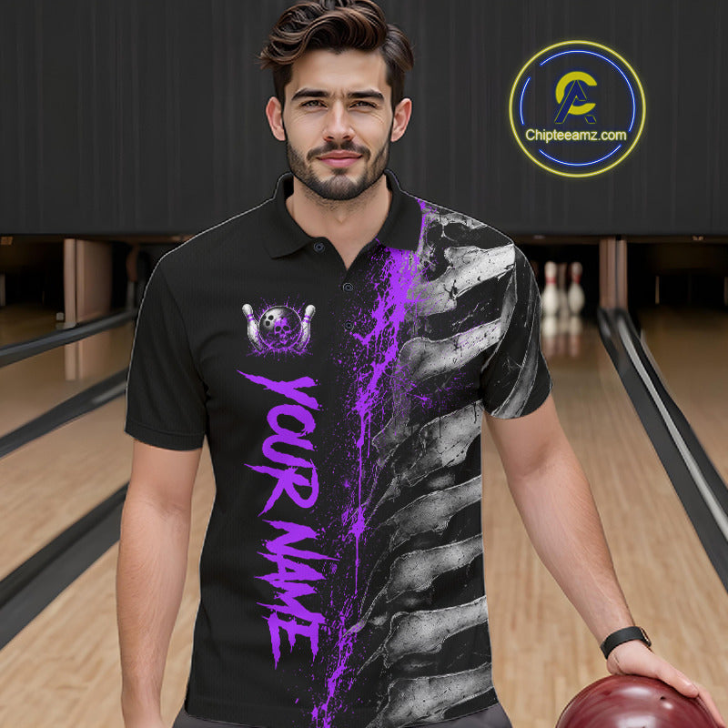 Male model wearing Purple Splatter Grey Bone custom bowling polo shirt, skeleton bowling jersey, sports league apparel, championship mindset