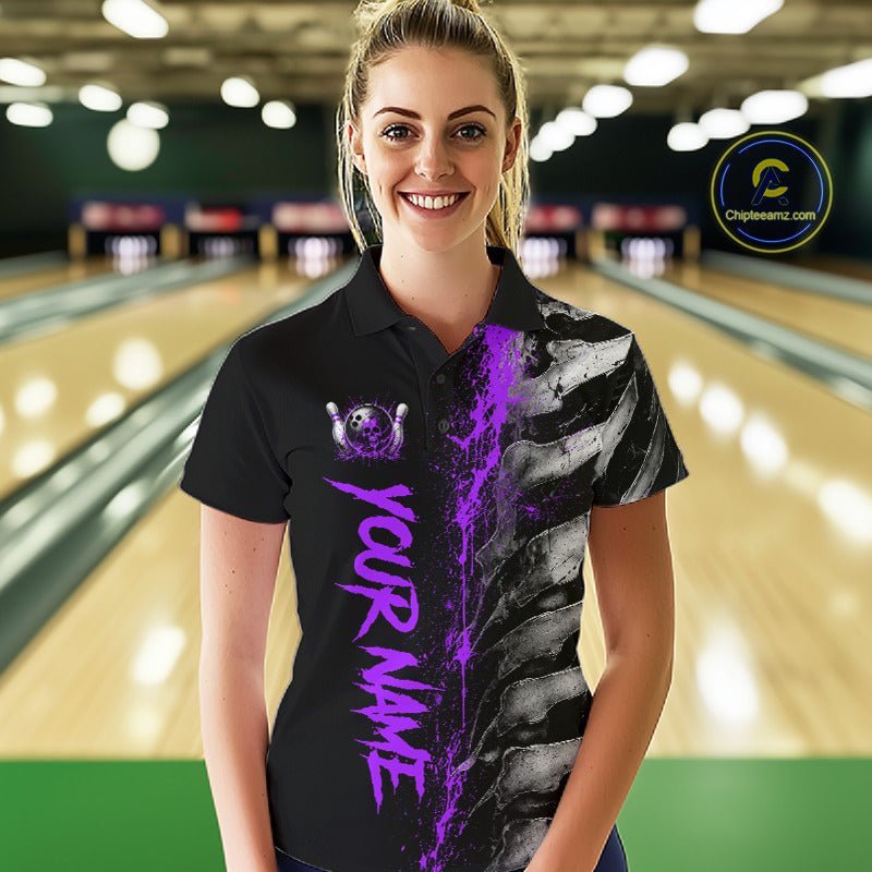 Female model wearing Purple Splatter Grey Bone personalized bowling polo shirt during league tournament, skeleton artwork, confidence, creativity, athletic style