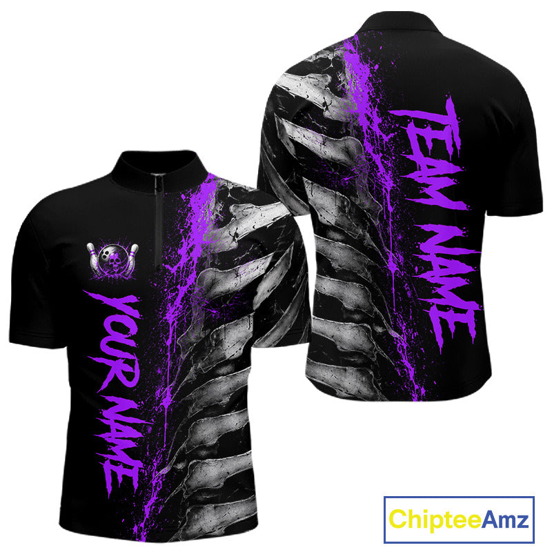 Purple Splatter Grey Bone Men's Bowling Quarter-Zip Shirt, Personalized Bowling Team Jersey, Performance Tournament Apparel