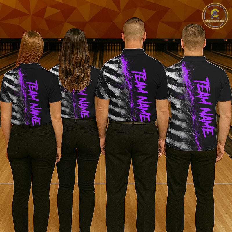 Bowling team wearing matching Purple Splatter Grey Bone polo and quarter-zip jerseys, personalized tournament uniforms, creativity, teamwork, competitive excellence