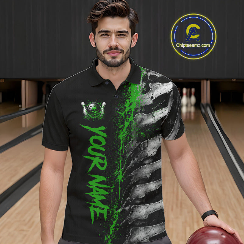 Male model wearing Green Splatter Grey Bone personalized bowling polo shirt, skeleton tournament jersey, bowling team apparel, strength and determination