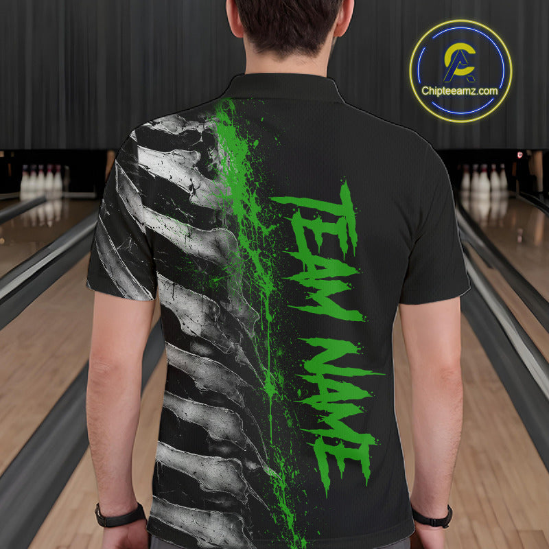 Male model wearing Green Splatter Grey Bone personalized bowling polo shirt, skeleton tournament jersey, bowling team apparel, strength and determination