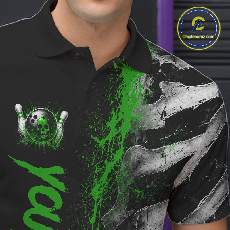 Male model wearing Green Splatter Grey Bone personalized bowling polo shirt, skeleton tournament jersey, bowling team apparel, strength and determination