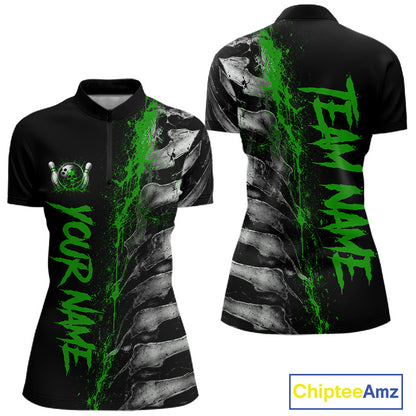 Green Splatter Grey Bone Women's Bowling Quarter-Zip Shirt, Personalized Skeleton Team Jersey, Bowling Tournament Performance Apparel