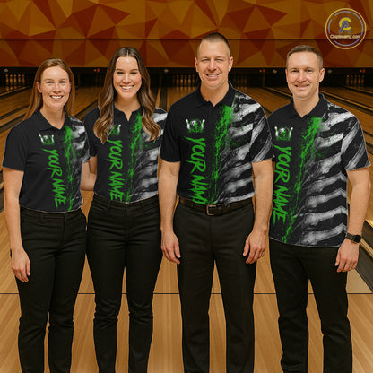 Bowling team wearing matching Green Splatter Grey Bone polo and quarter-zip jerseys, personalized league uniforms, teamwork, resilience, growth, championship spirit
