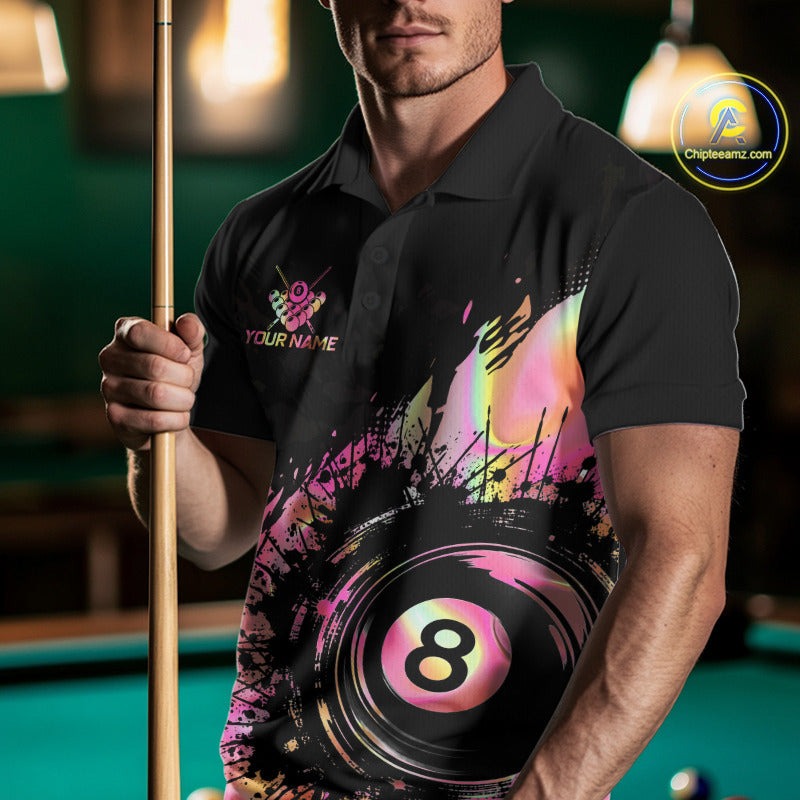 Male model wearing holographic pink custom billiard polo, personalized APA league jersey, tournament apparel, athletic team clothing.
