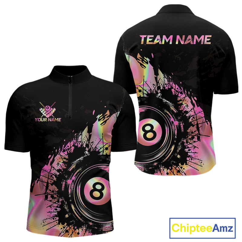 Men's holographic pink quarter zip billiard jersey, personalized tournament apparel, cue sports clothing, custom team uniform.
