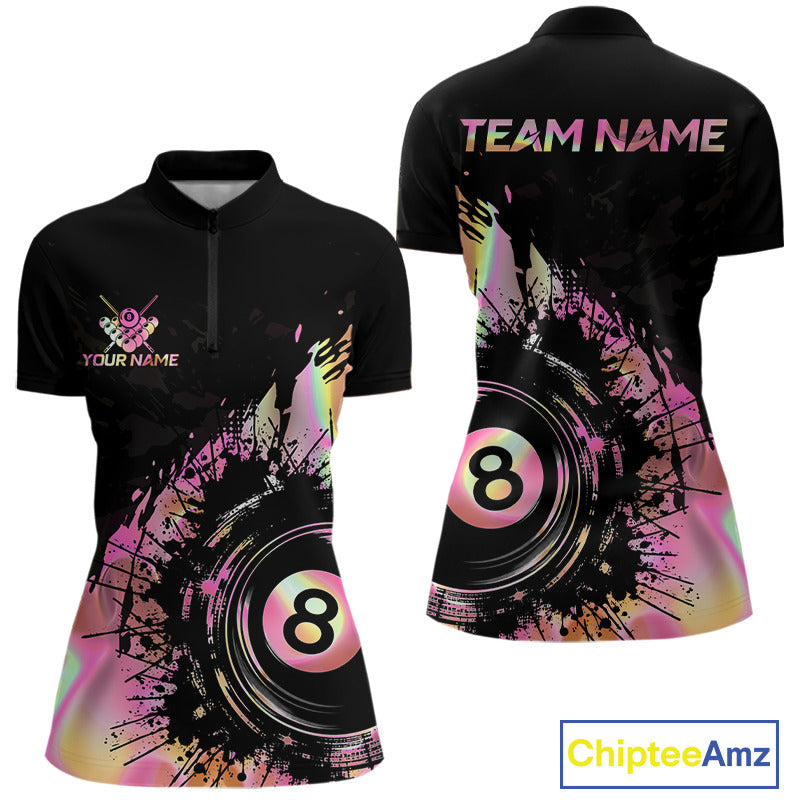 Women's holographic pink quarter zip billiard shirt, personalized pool team jersey, biillard pool  apparel, custom sports uniform.