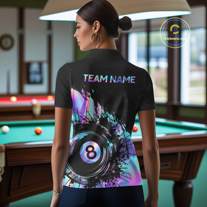 Female model wearing holographic rainbow billiard polo, personalized sports apparel, APA league uniform, colorful cue sports fashion.