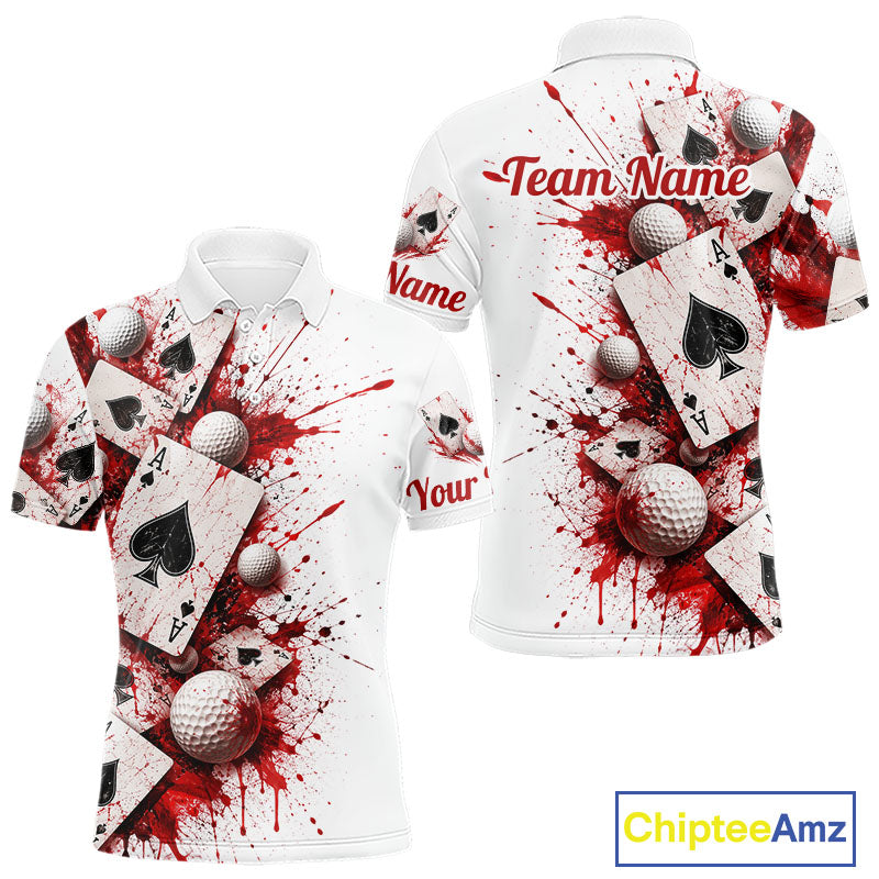 White & Red Poker Mens Golf Polo Shirt Custom Name Splatter Poker Golf Top For Team, Golfer Gifts NYN4158