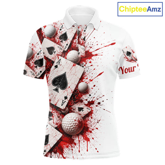 White & Red Poker Mens Golf Polo Shirt Custom Name Splatter Poker Golf Top For Team, Golfer Gifts NYN4158