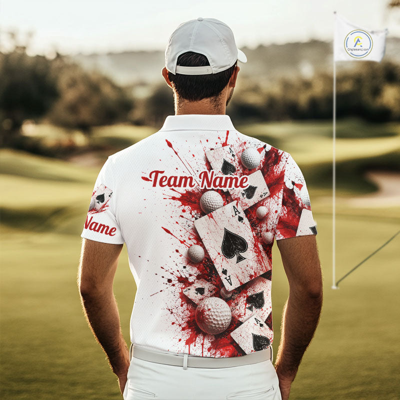 White & Red Poker Mens Golf Polo Shirt Custom Name Splatter Poker Golf Top For Team, Golfer Gifts NYN4158